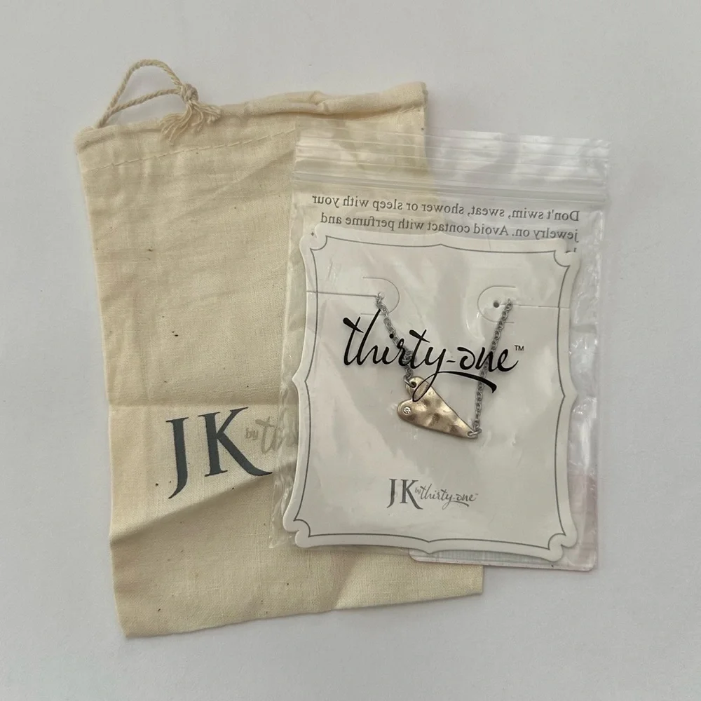 JK by Thirty-one Whisper Heart Necklace & Gift Bag Two Tone 18” Gold Silver